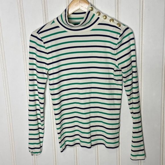 J Crew Women Vintage Rib Green Ivory Striped Turtleneck Gold Buttons XS 644 - Picture 3 of 8